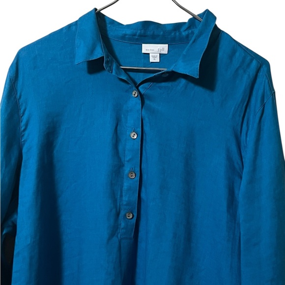 J. Jill love linen teal linen pop over tunic top with pleated hem shell buttons - Picture 4 of 12